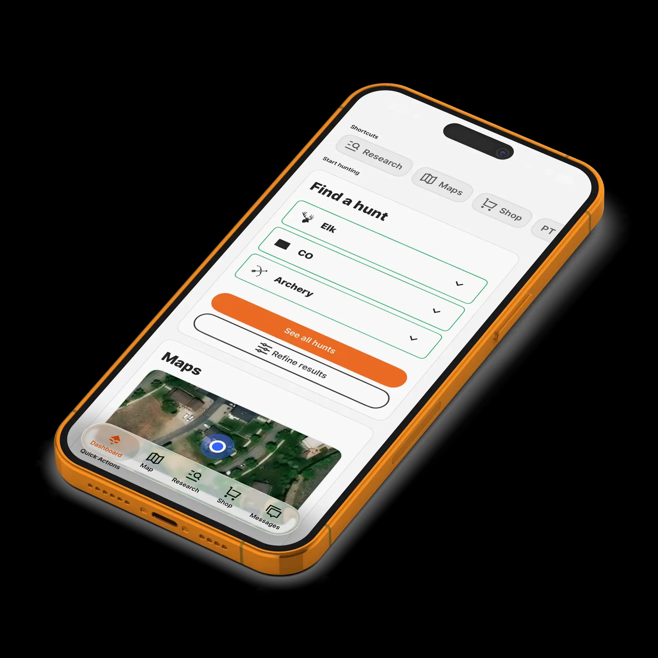 The GOHUNT app showing public and private land layers over satellite imagery