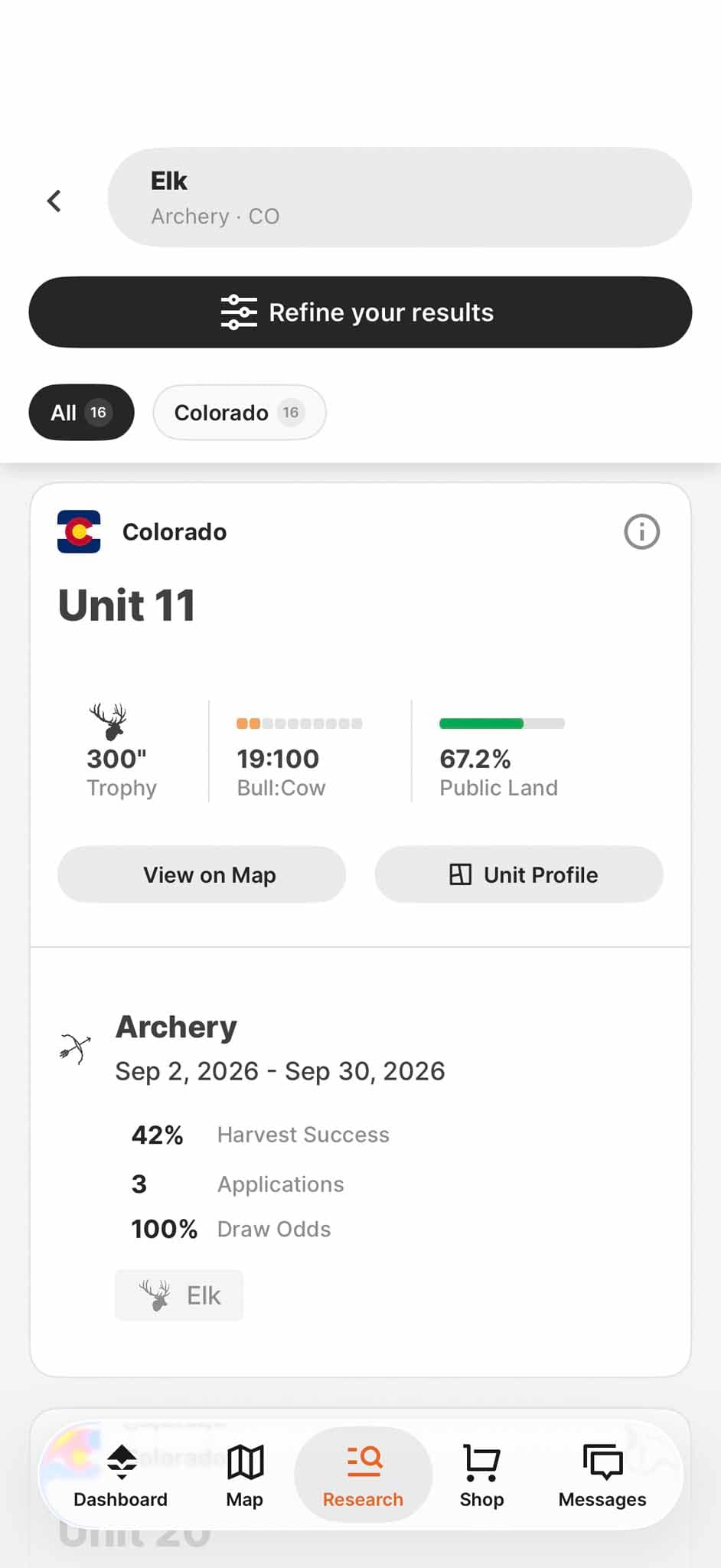 Filtered hunt results in the GOHUNT app, showing Colorado archery elk units with trophy, bull-to-cow, and public land figures