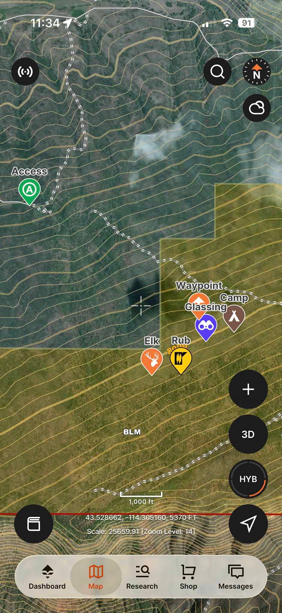 GOHUNT maps on a phone showing satellite and topo imagery with BLM land shading and saved waypoints