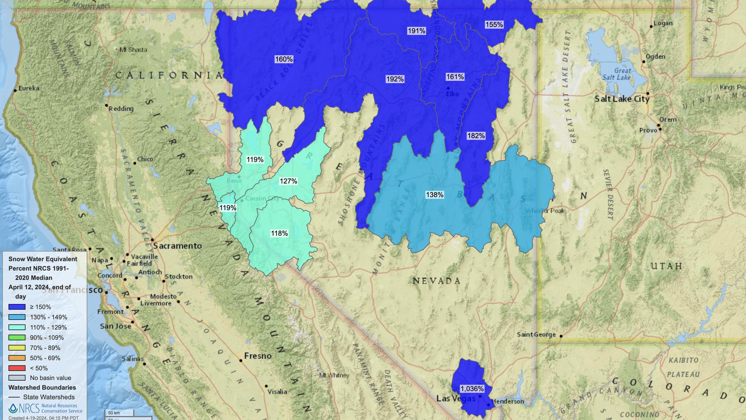 2024 Nevada mid April snow water equivalent map