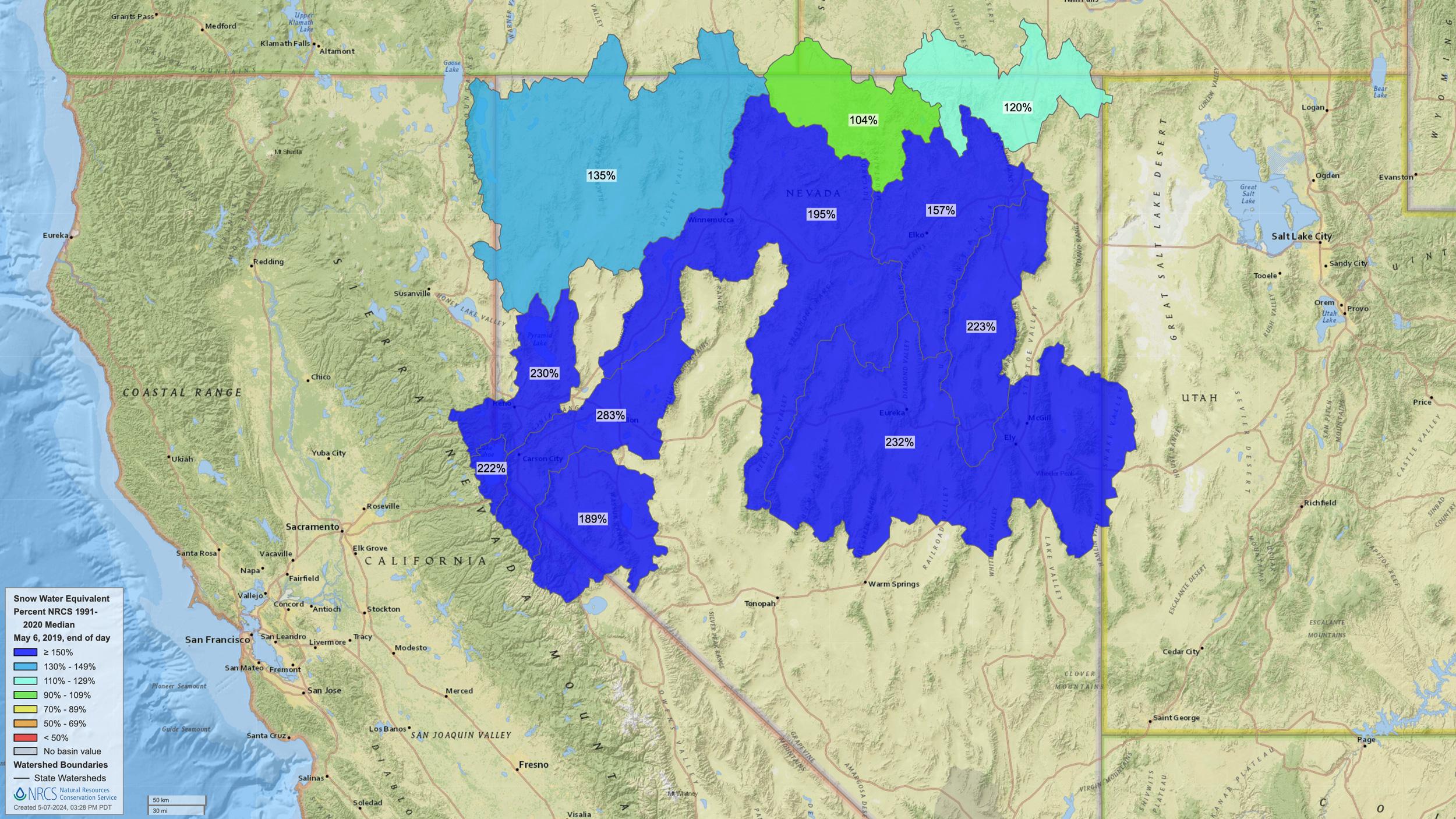 2019 Nevada early May snow water equivalent map