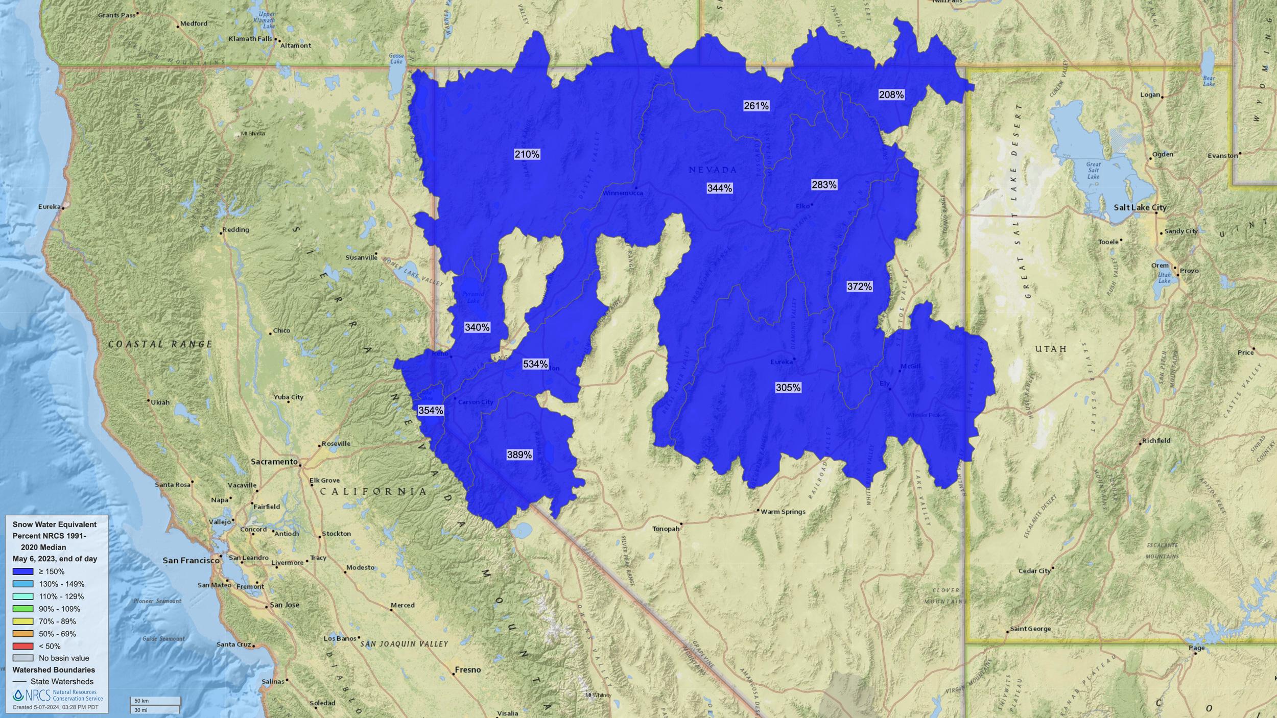 2023 Nevada early May snow water equivalent map