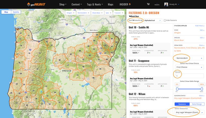Select residency points and season for black bear