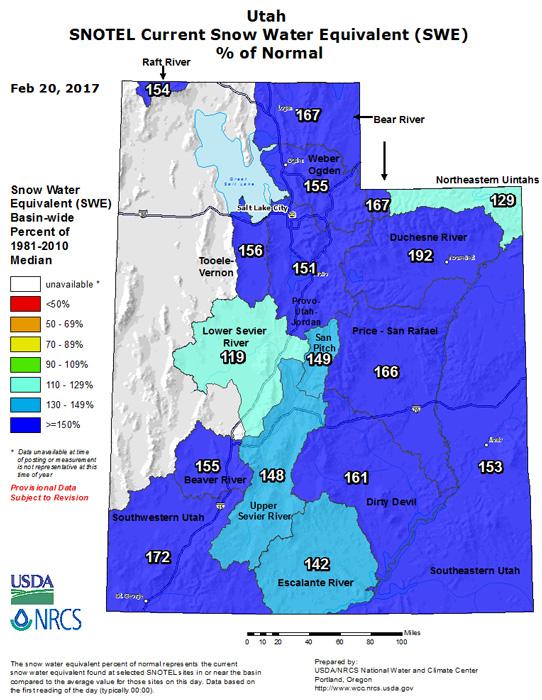 Utah snow water equivalent percent of normal 2017