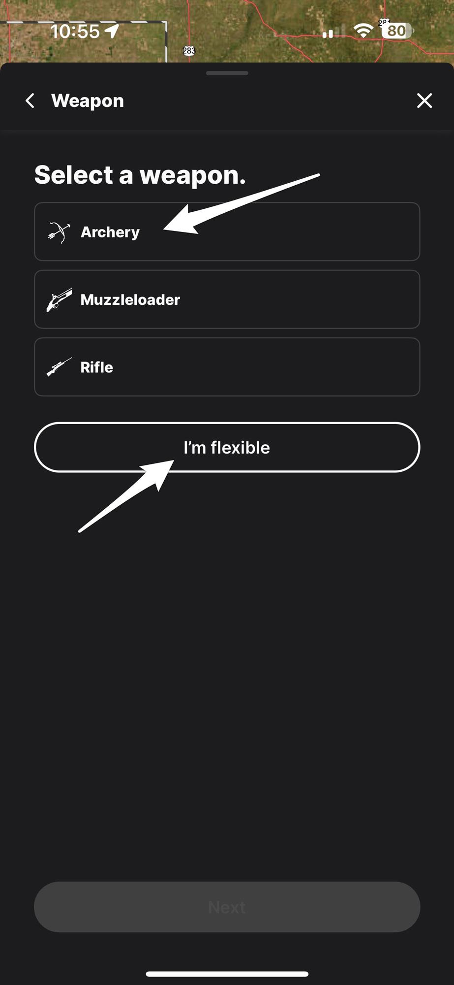 Selecting a weapon type to filter hunt options or selecting all weapons
