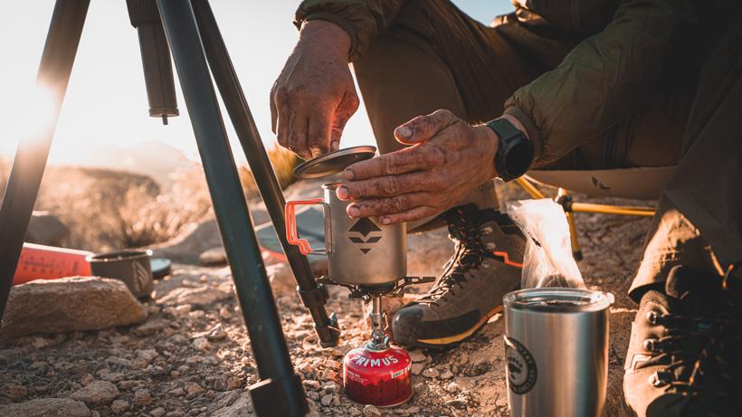 Making coffee with gohunt titanium mug