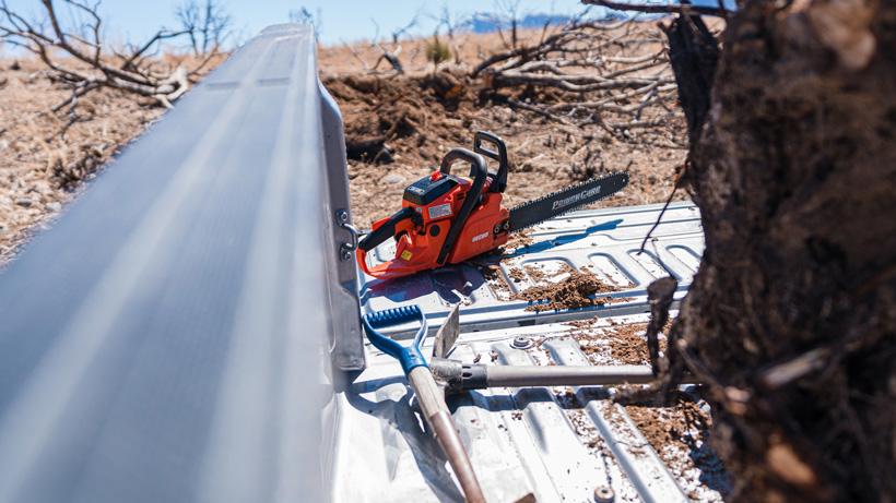 Chainsaw on tailgate