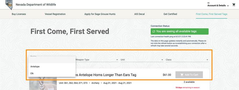 Nevada first come first serve filter option