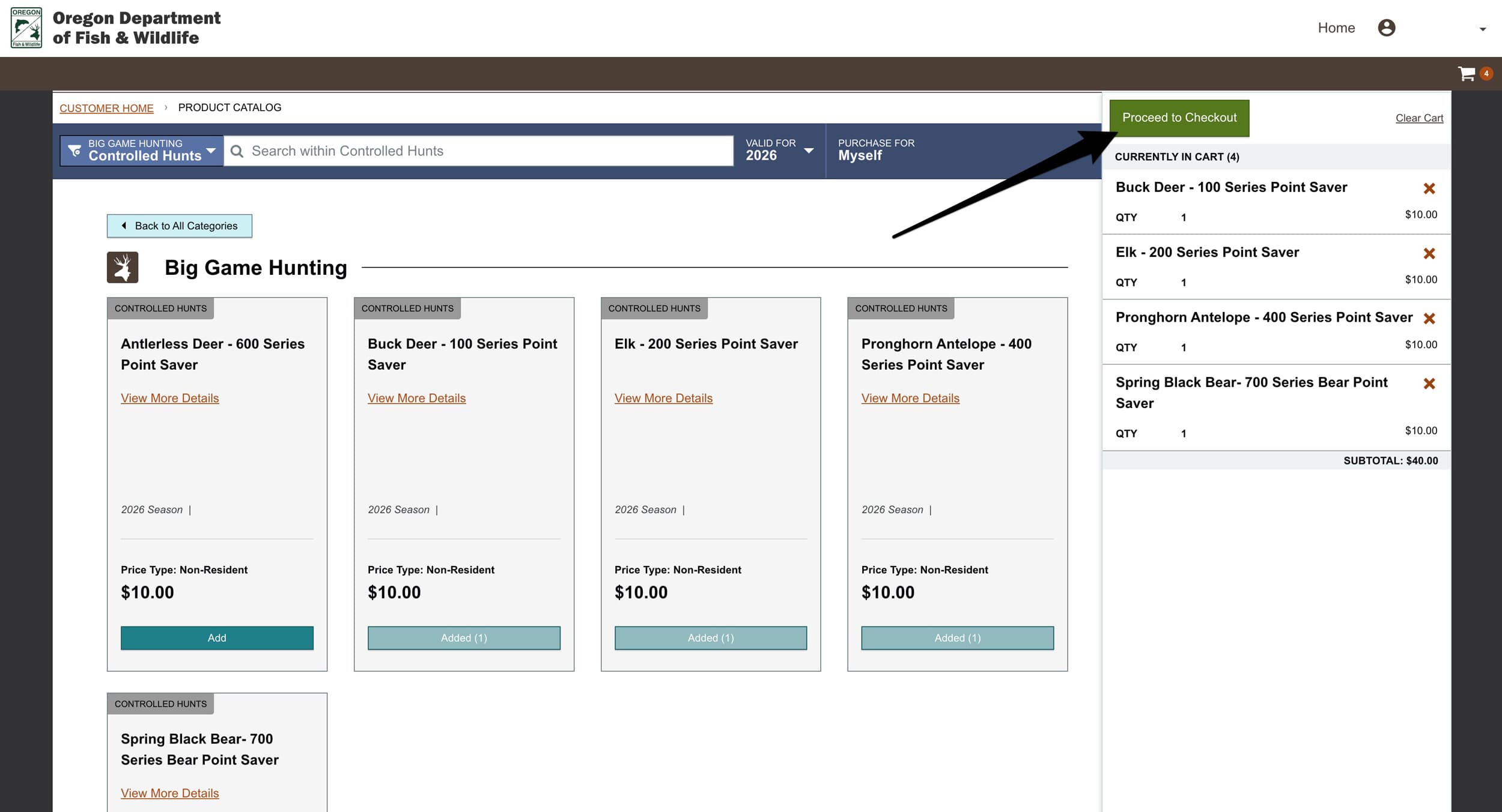 Proceed to checkout after adding Oregon controlled hunts you want to purchase preference points for