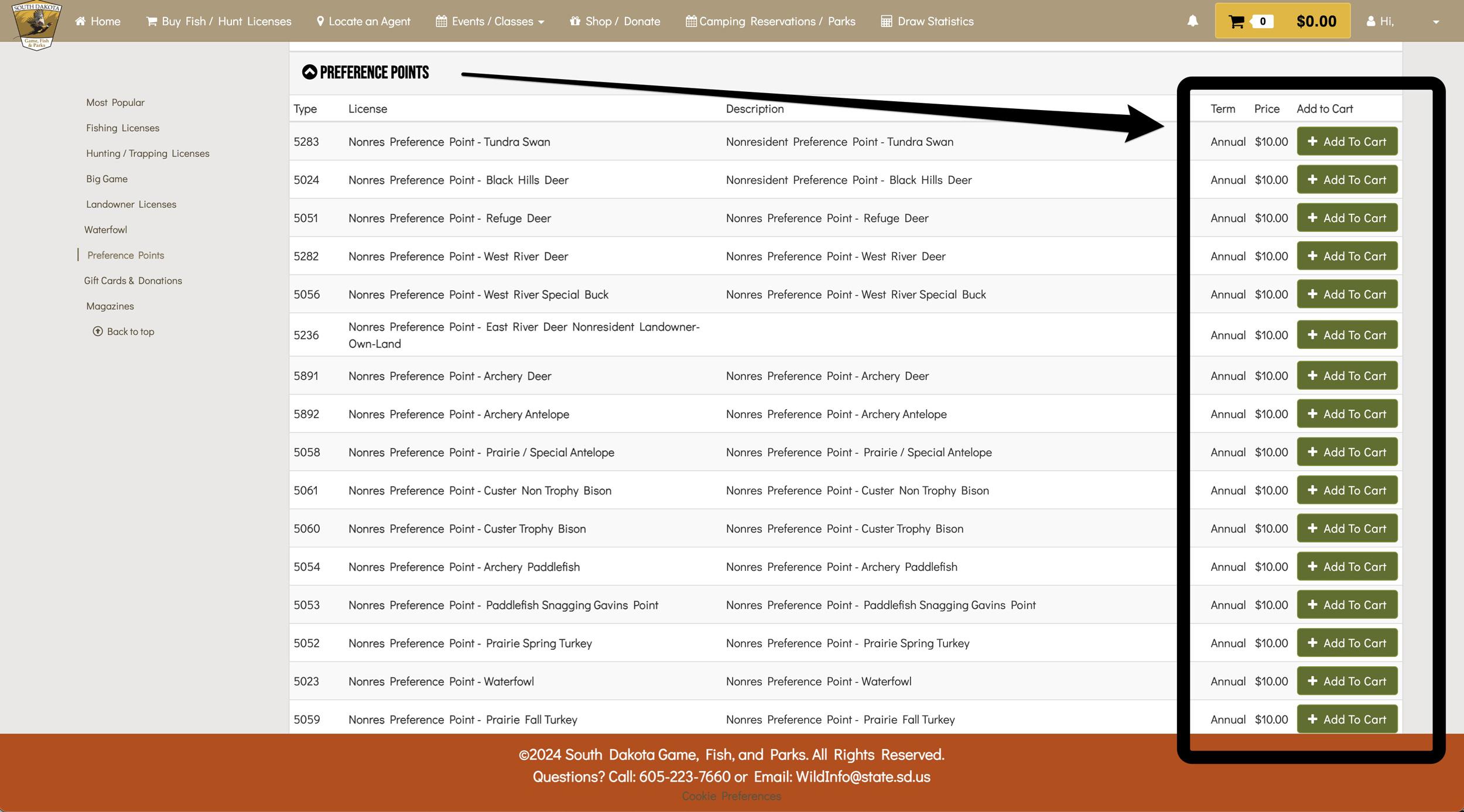 Selecting species in South Dakota to purchase hunting preference points for