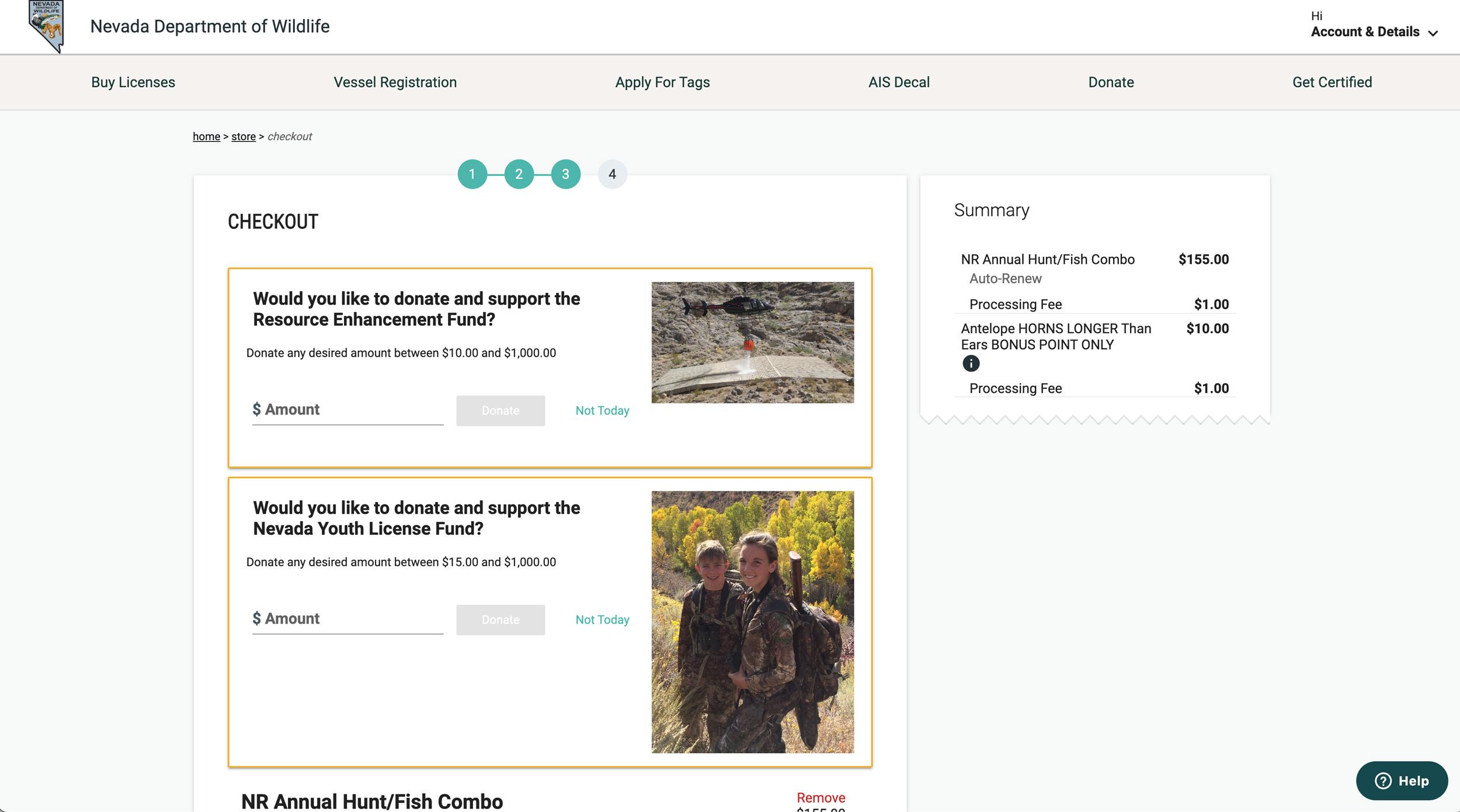 Checkout page for Nevada bonus points donation questions