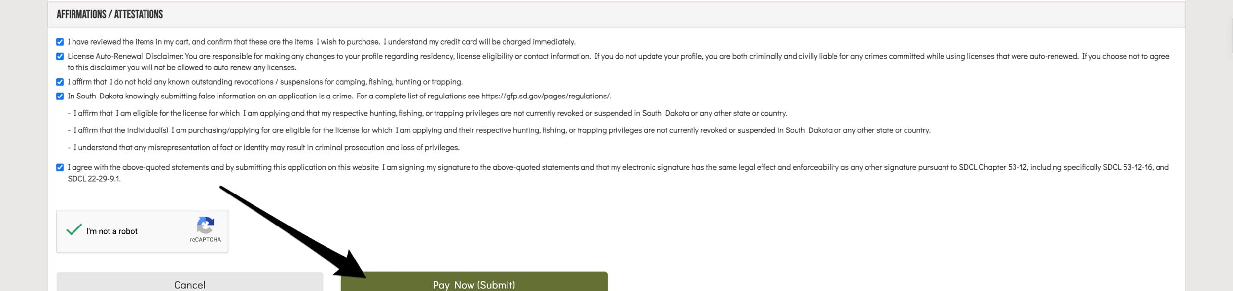Submit payment to purchase South Dakota Preference points