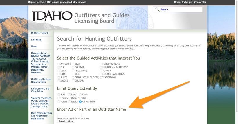 Idaho hunting outfitter search