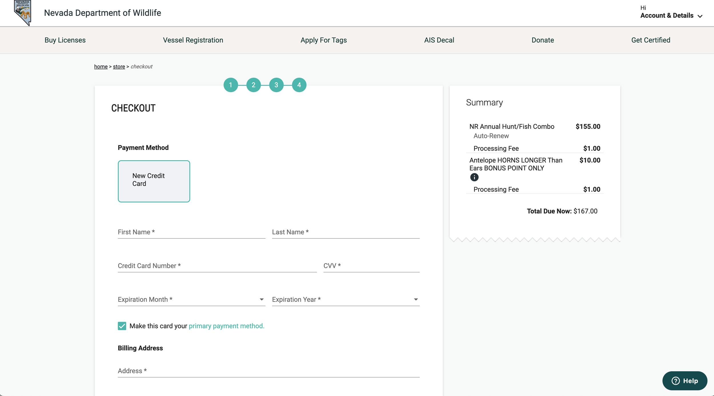 Entering credit card information for purchasing Nevada bonus points