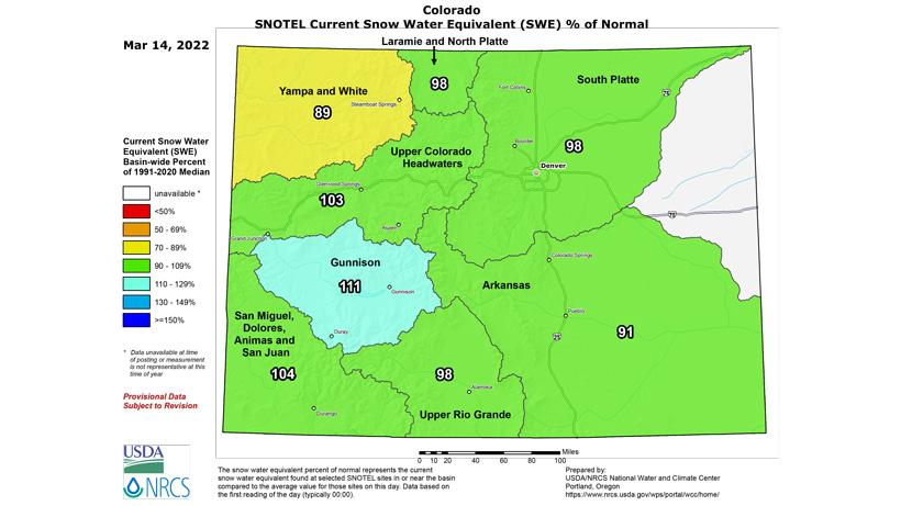 Colorado snow water equivalent percent march 2022