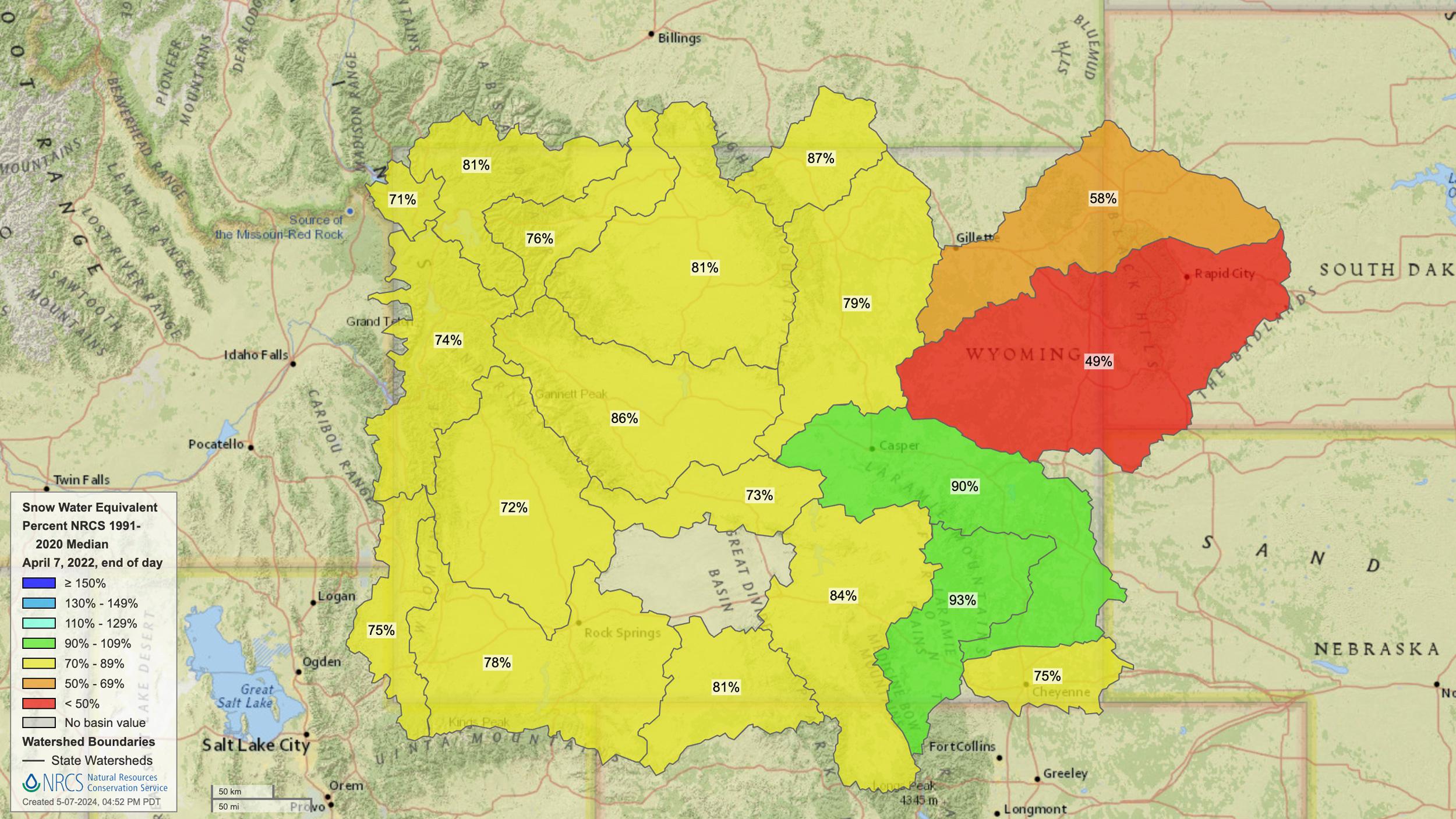 2022 Wyoming early April snow water equivalent map