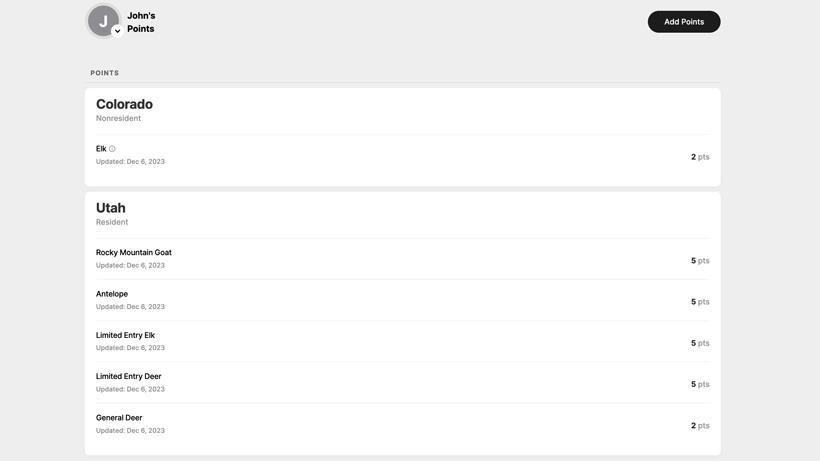Family member's hunting points in GOHUNT's Point Tracker