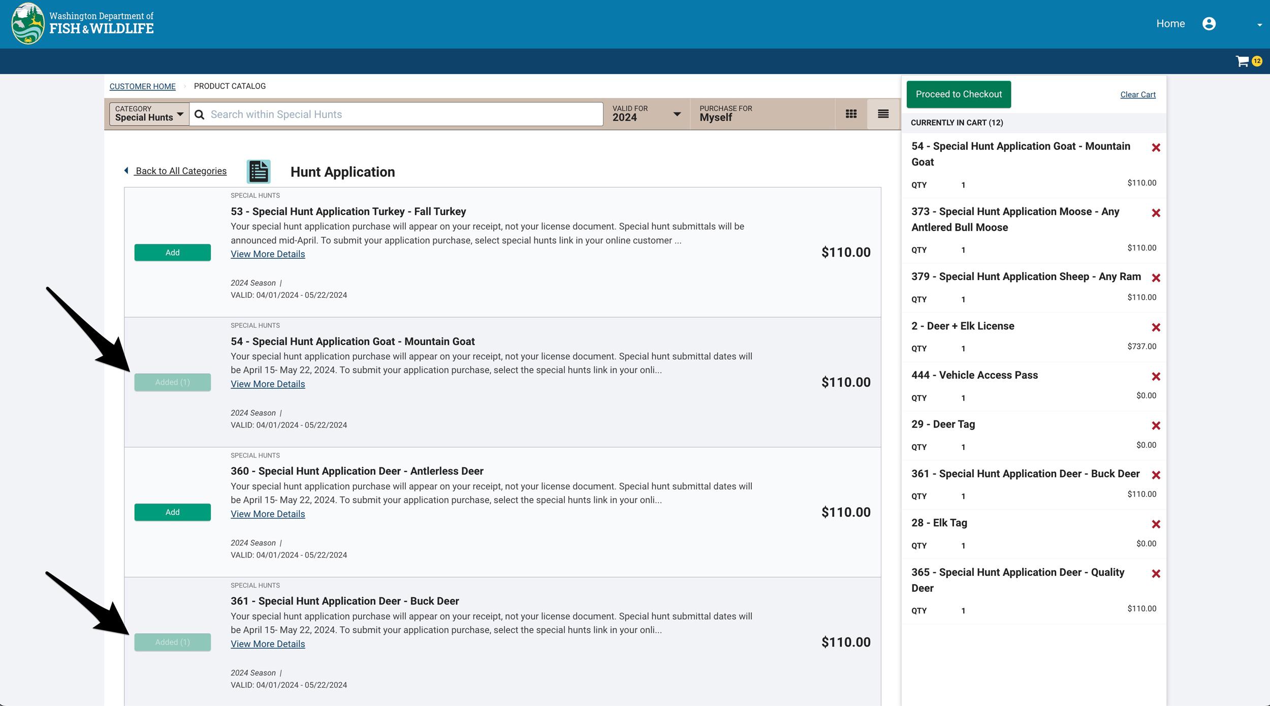 Washington hunting applications added to shopping cart