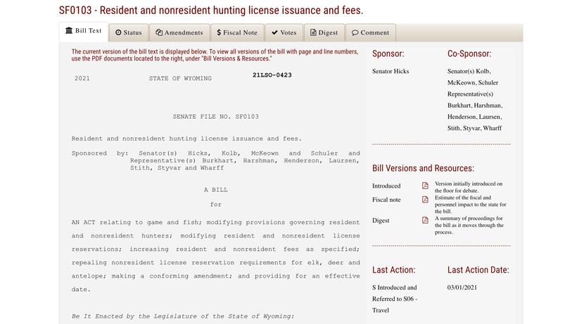 Screenshot of wyoming bill sf0103
