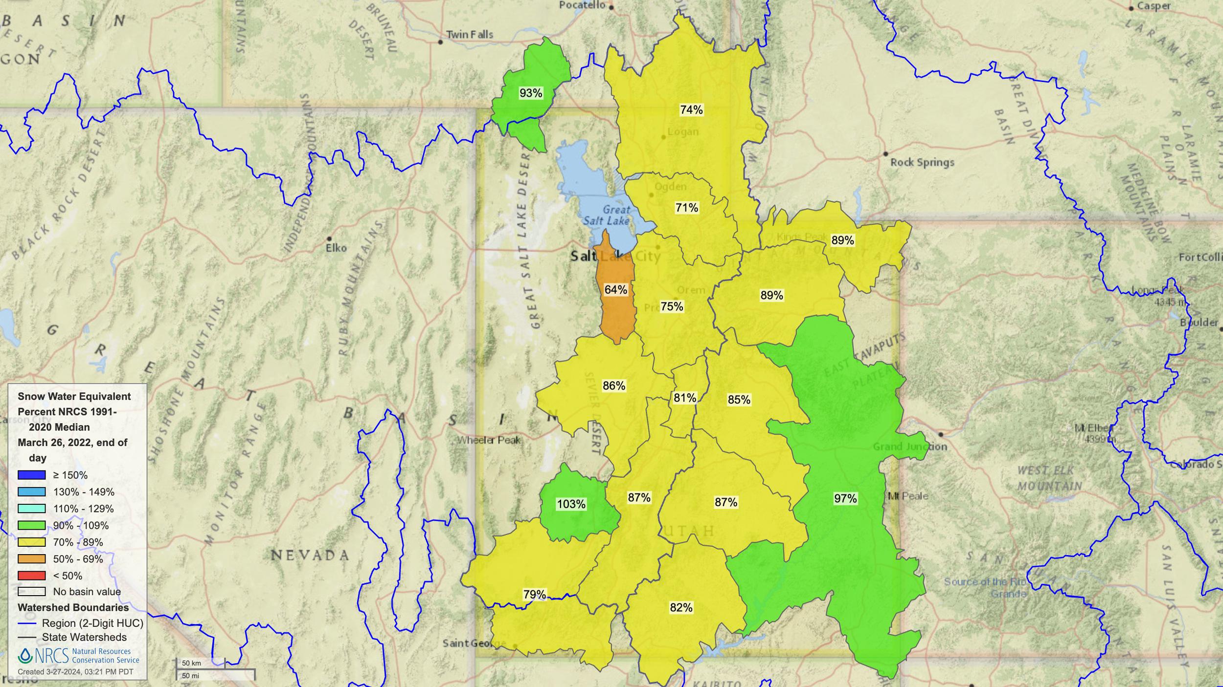 Utah 2022 mid March snow water equivalent percent of normal map