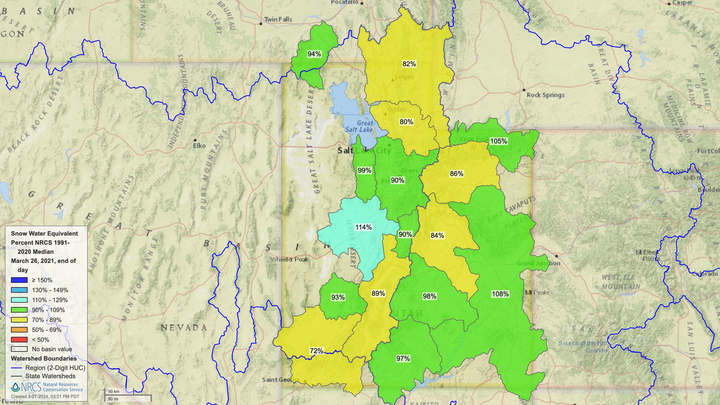 Utah 2021 mid March snow water equivalent percent of normal map