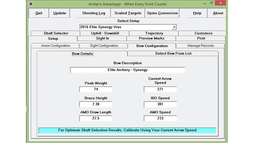Entering bow configuration using archers advantage