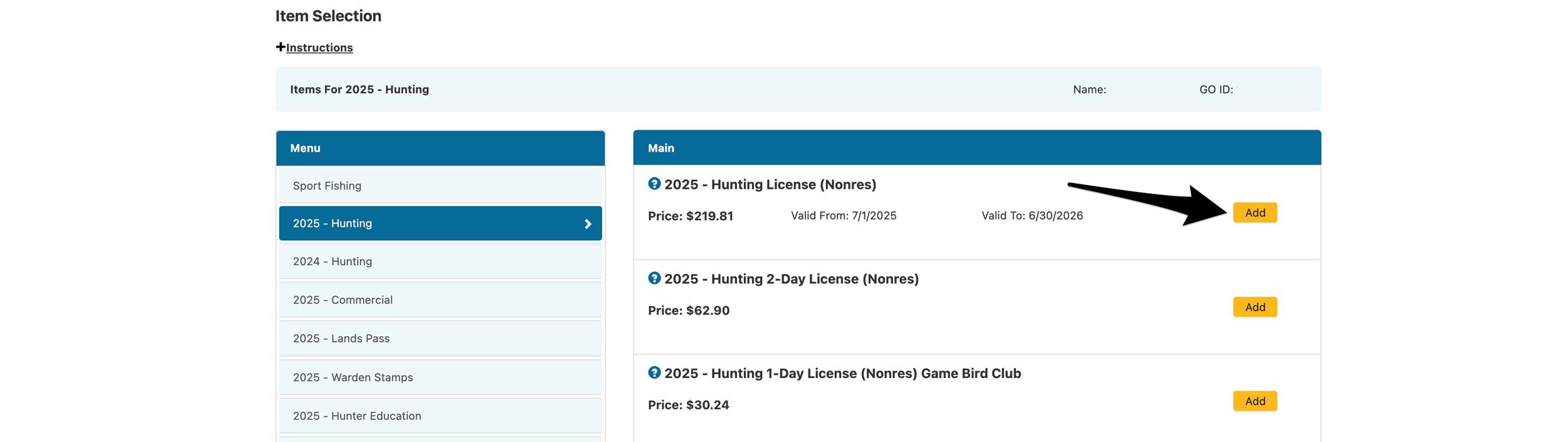 Adding a current year California hunting license to your cart