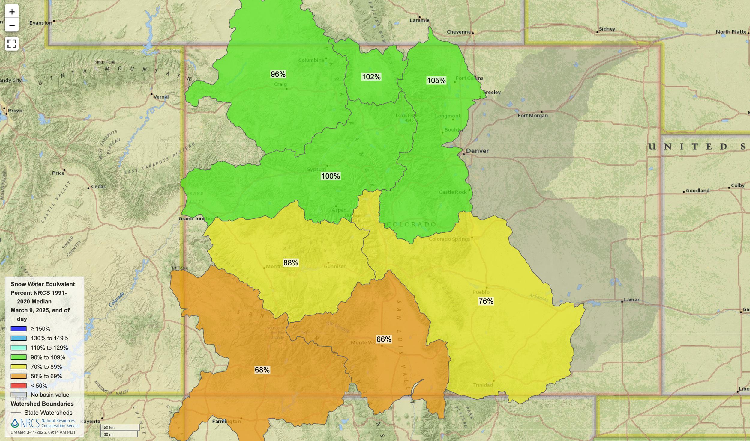 2025 early March Colorado snow water equivalent map