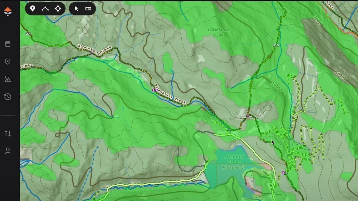 Topo map with contour lines highlighting saddles and benches