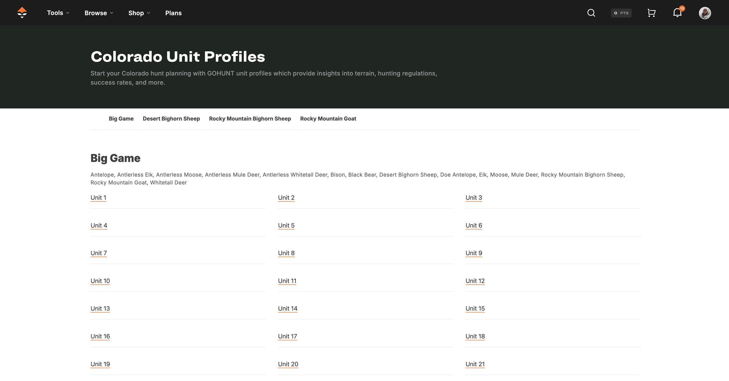 Colorado Unit Profiles section on GOHUNT