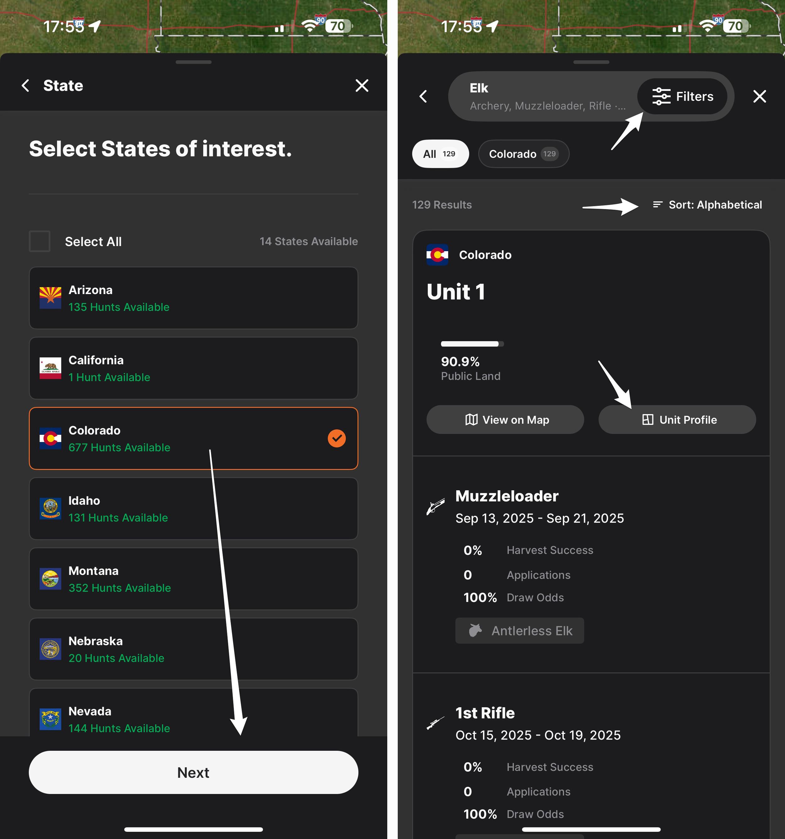 Selecting states to research for antlerless hunts on GOHUNT mobile app