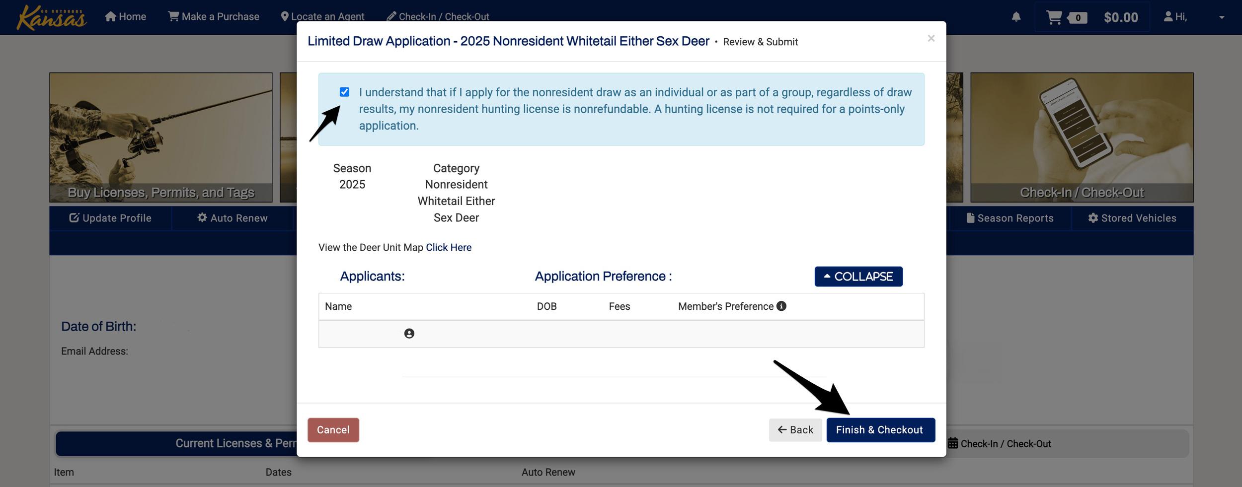 Viewing Kansas preference point application and submit to checkout