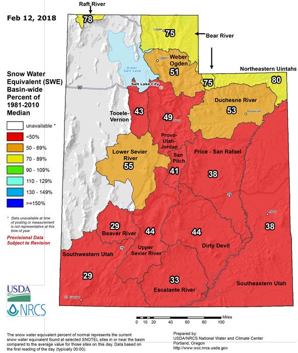 Utah snow water equivalent percent of normal february 2018_1