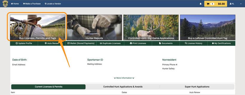 Idaho fish and game buy licenses tags screen