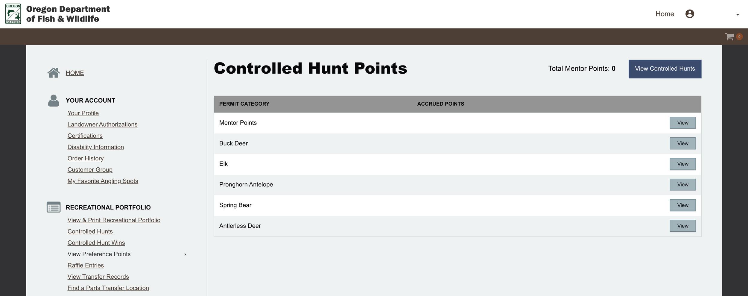Viewing your Oregon controlled hunt preference points