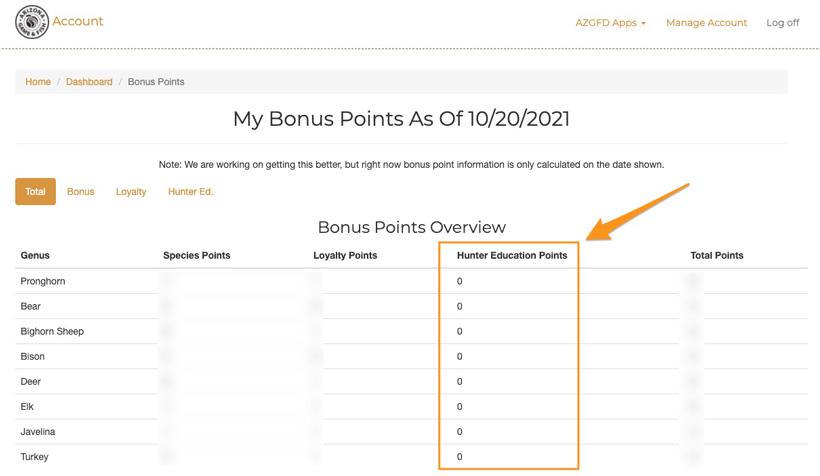 Screenshot showing where the Arizona Hunter Education bonus point will show up