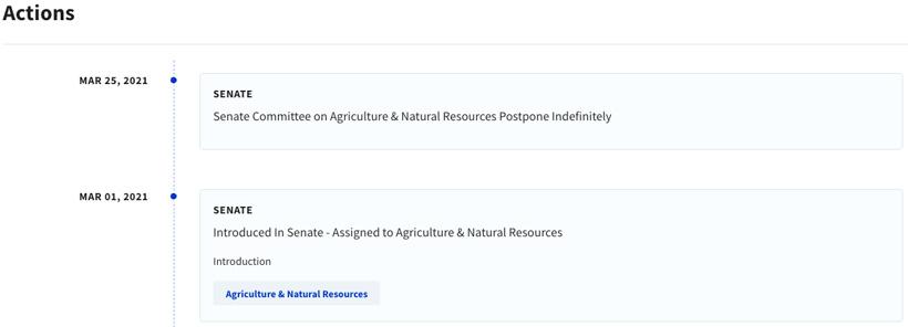 Screenshot of senate bill 21 150 status