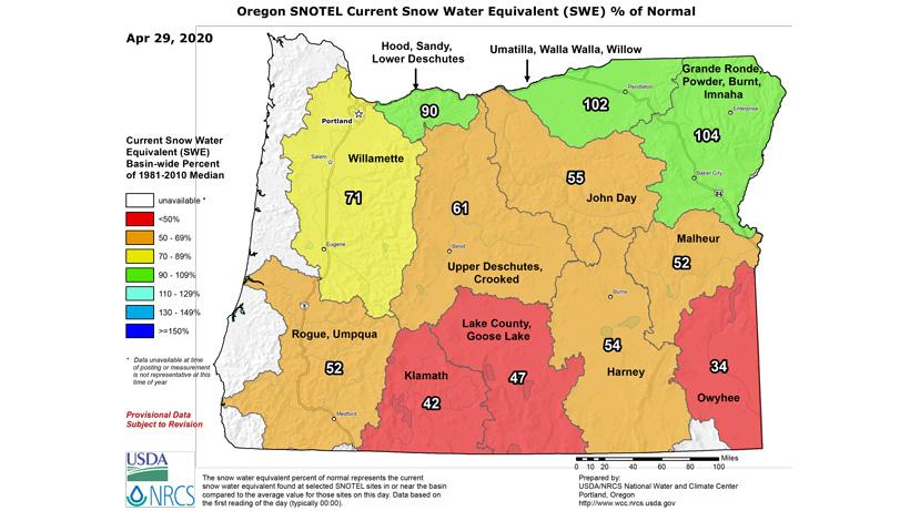Oregon snow water equivalent as of april 2020
