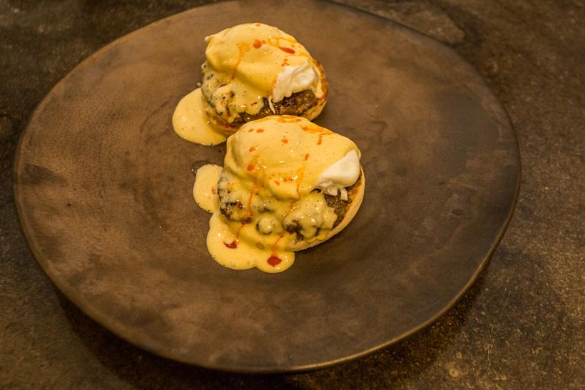 Finished elk sausage eggs benedict