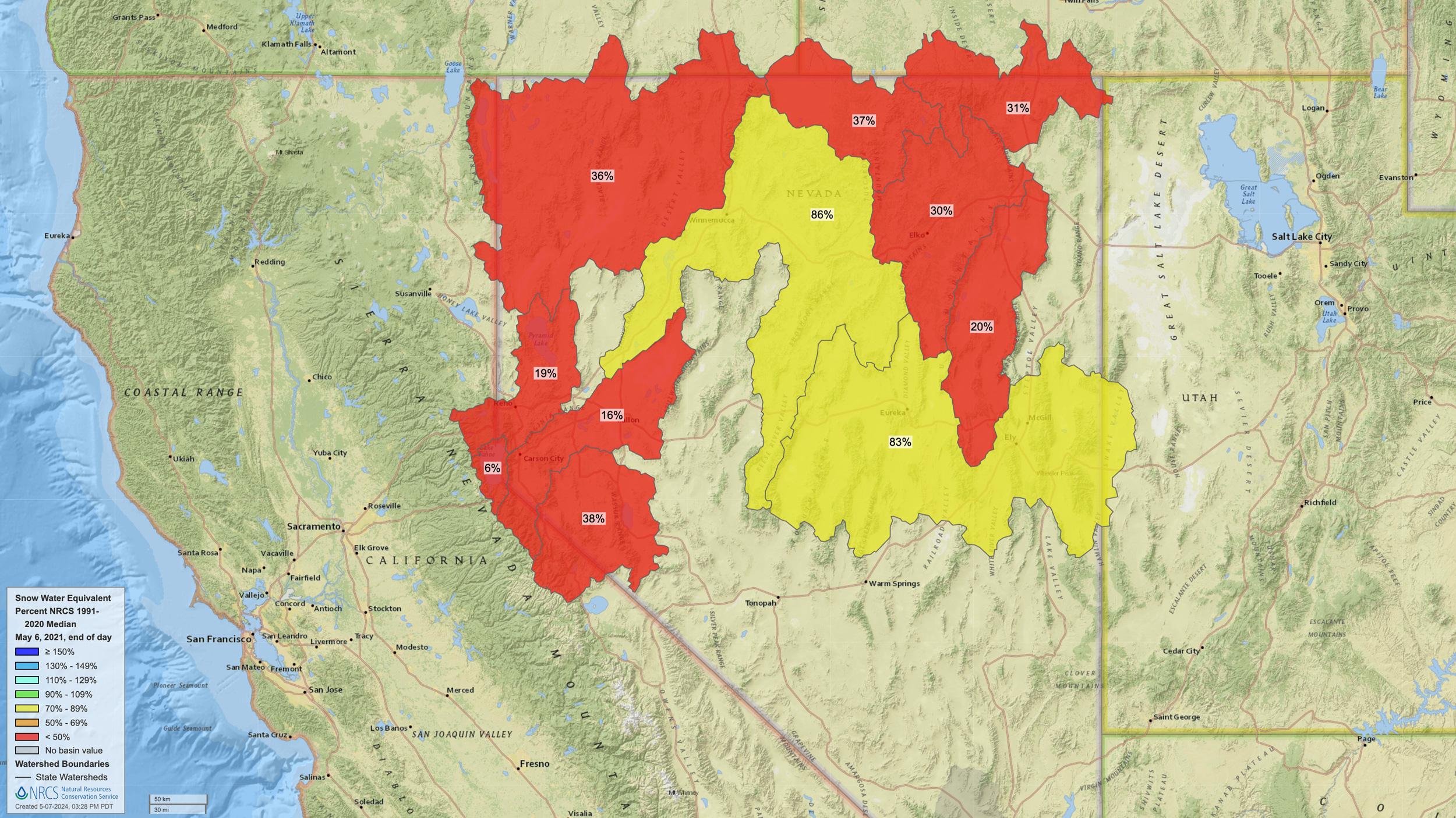 2021 Nevada early May snow water equivalent map