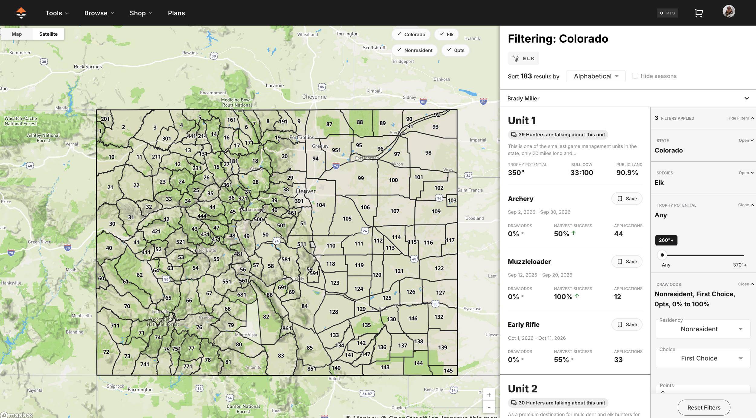 Navigating to a hunt unit on GOHUNT Filtering
