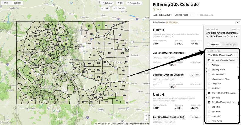Selecting what type of season you want to hunt on Filtering