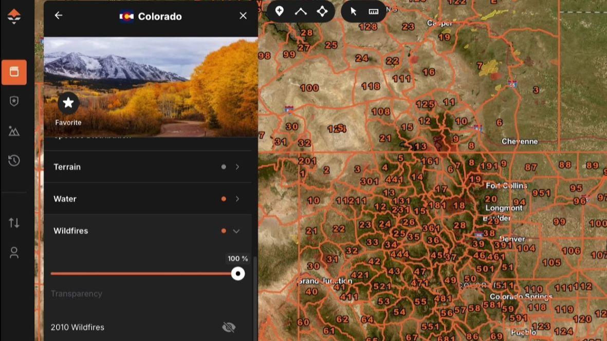 Wildfire layer turned on for Colorado units