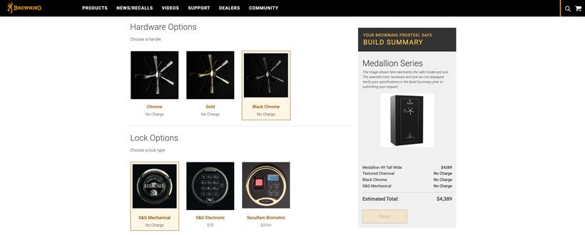 Selecting browning gun safe handle and lock option