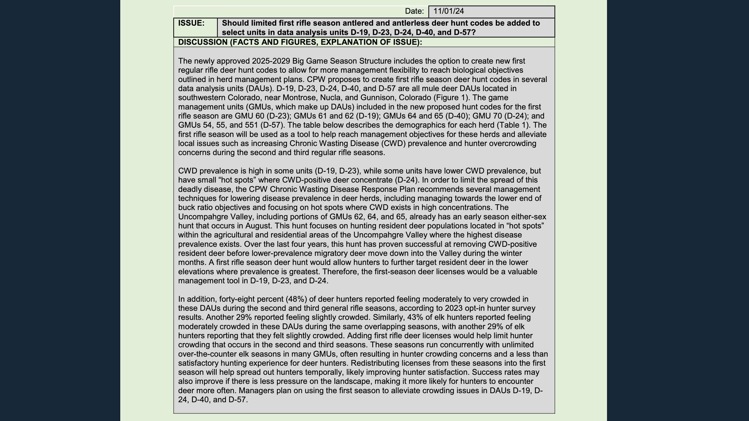 Colorado first season rifle antlered deer hunt proposal