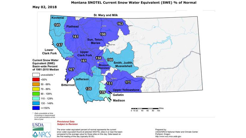 Montana snow water equivalent as of early may 2018