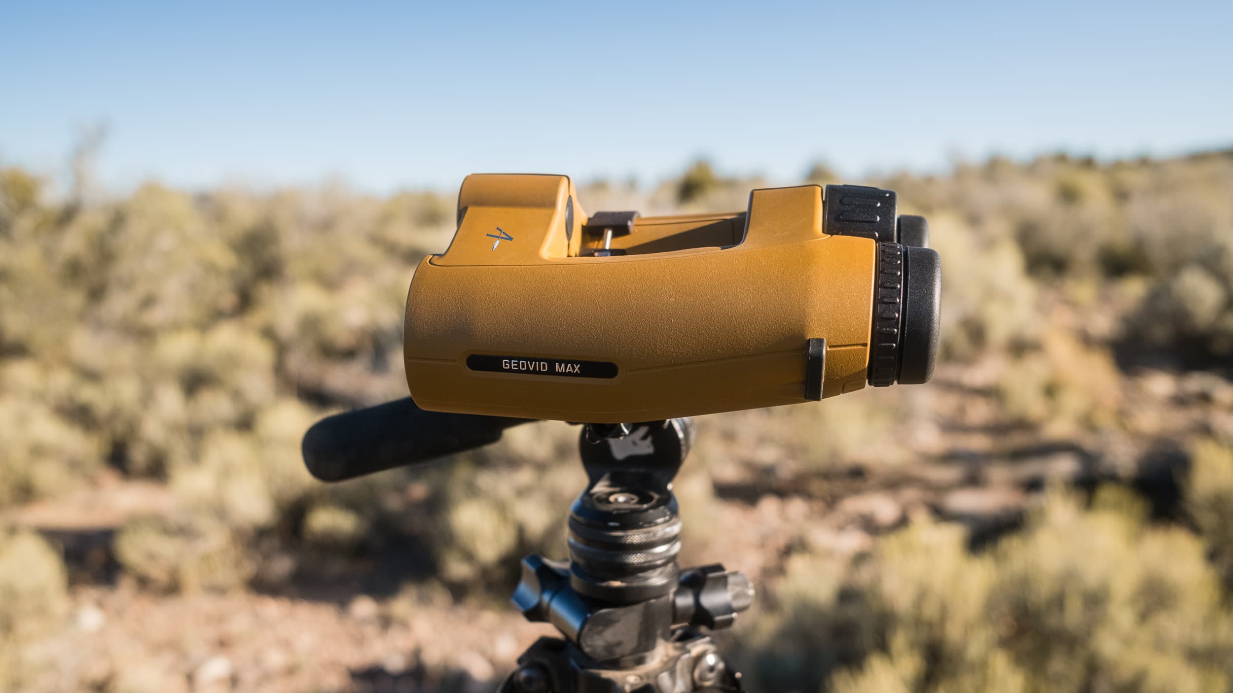 Leica Geovid Max mounted on tripod for glassing with Aziak adapter