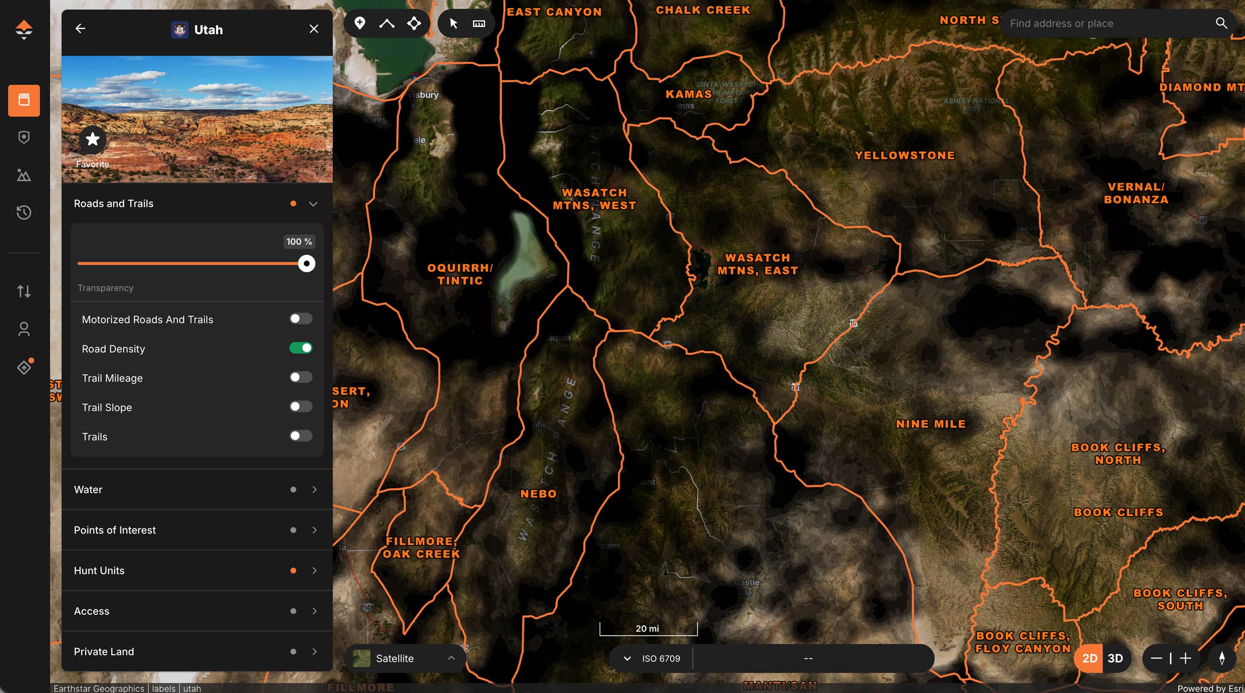 A zoomed-out view of GOHUNT's Road Density layer