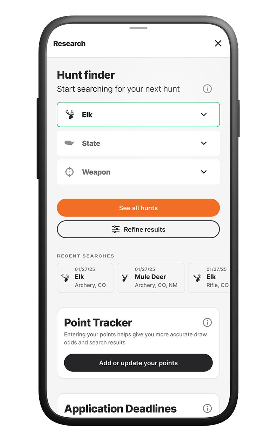 Hunter Finder research tools on the GOHUNT mobile app