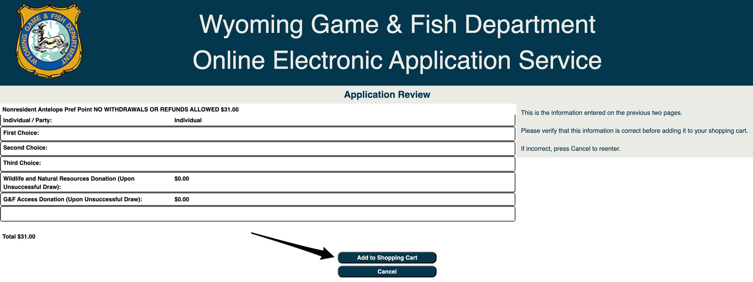 Verify Wyoming preference point selection is correct